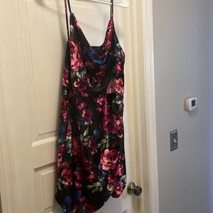 BCX dress, black floral print, size 15, scoop neck, overlapping skirt